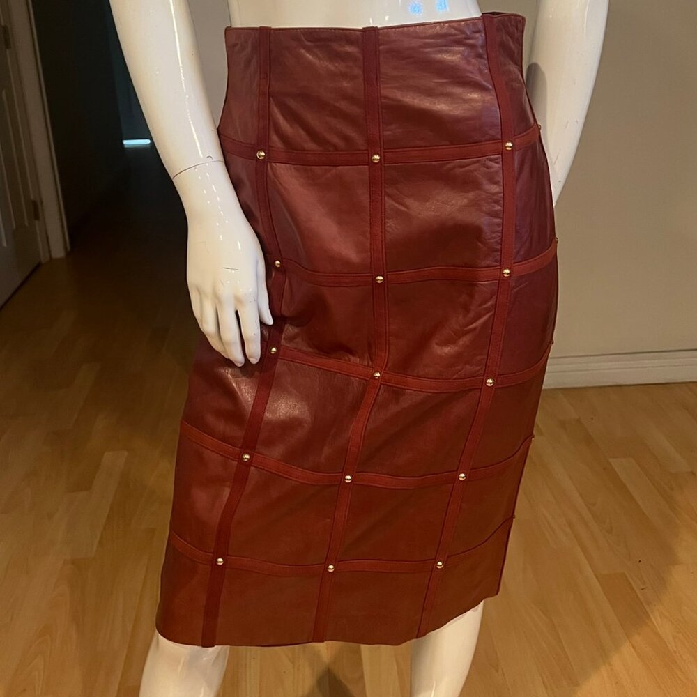 VINTAGE 90'S ESCADA MARGARETHA LEY LEATHER STUDDED PENCIL SKIRT SZ 38 / 6 US